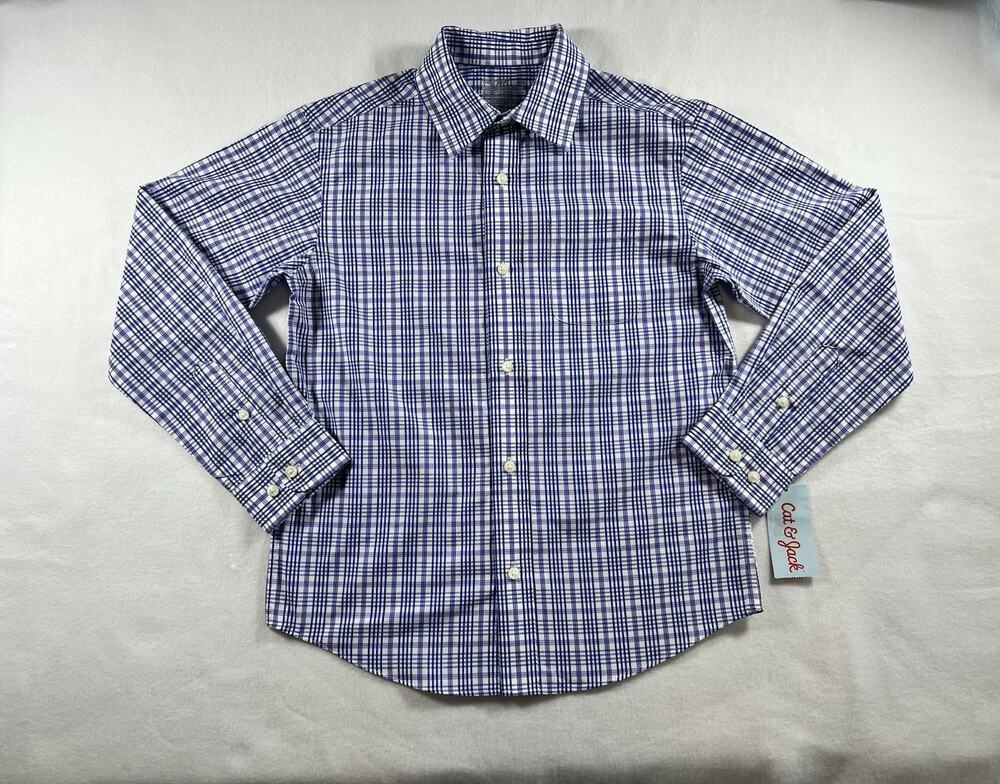Cat & Jack Boys M (8) Plaid Dress Shirt Blue/Purple/White Long Sleeve Button-Up